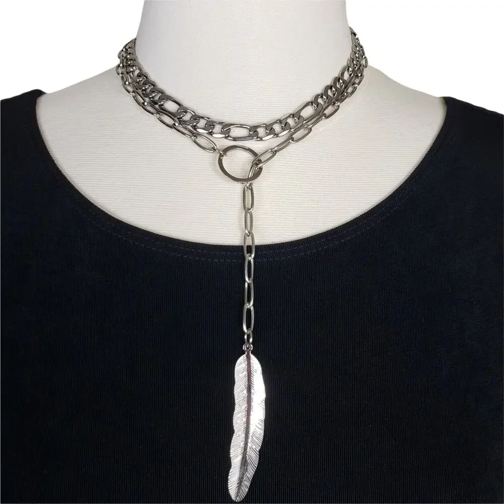 ADORNIA Mixed Chain Feather Lariat Layered Necklace NEW